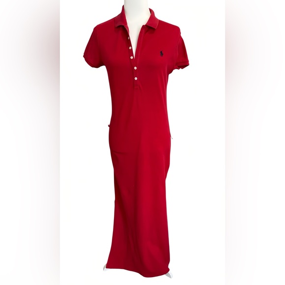 Polo Ralph Lauren Red Maxi Dress Women’s M Cotton Mesh Stretch Logo Shirt Dress - Picture 1 of 10